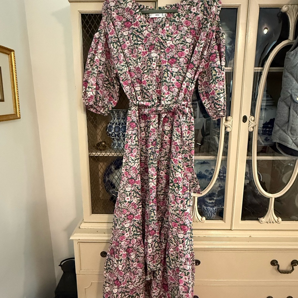 Mango Pink Floral Maxi Dress with Green Accents and Tie Waist